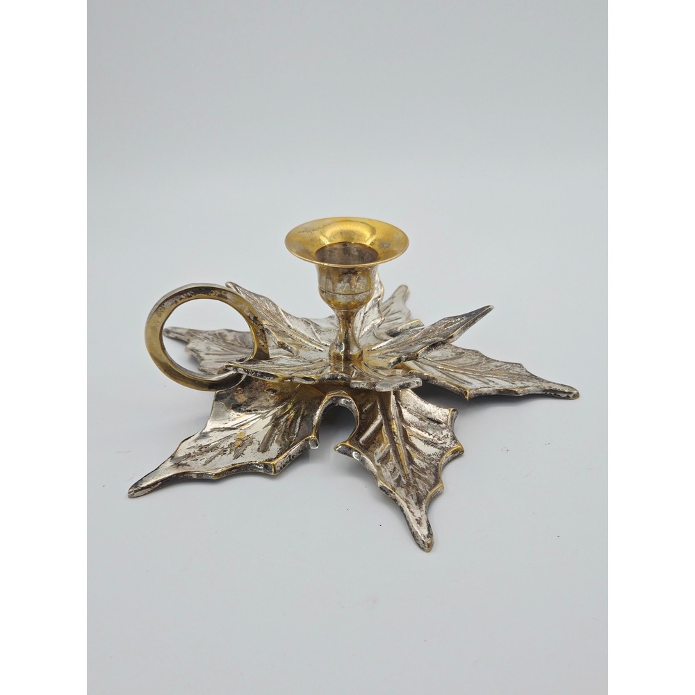 Vintage Holly Leaf Chamberstick Candle Holder Silver Gold Tone Christmas Decor